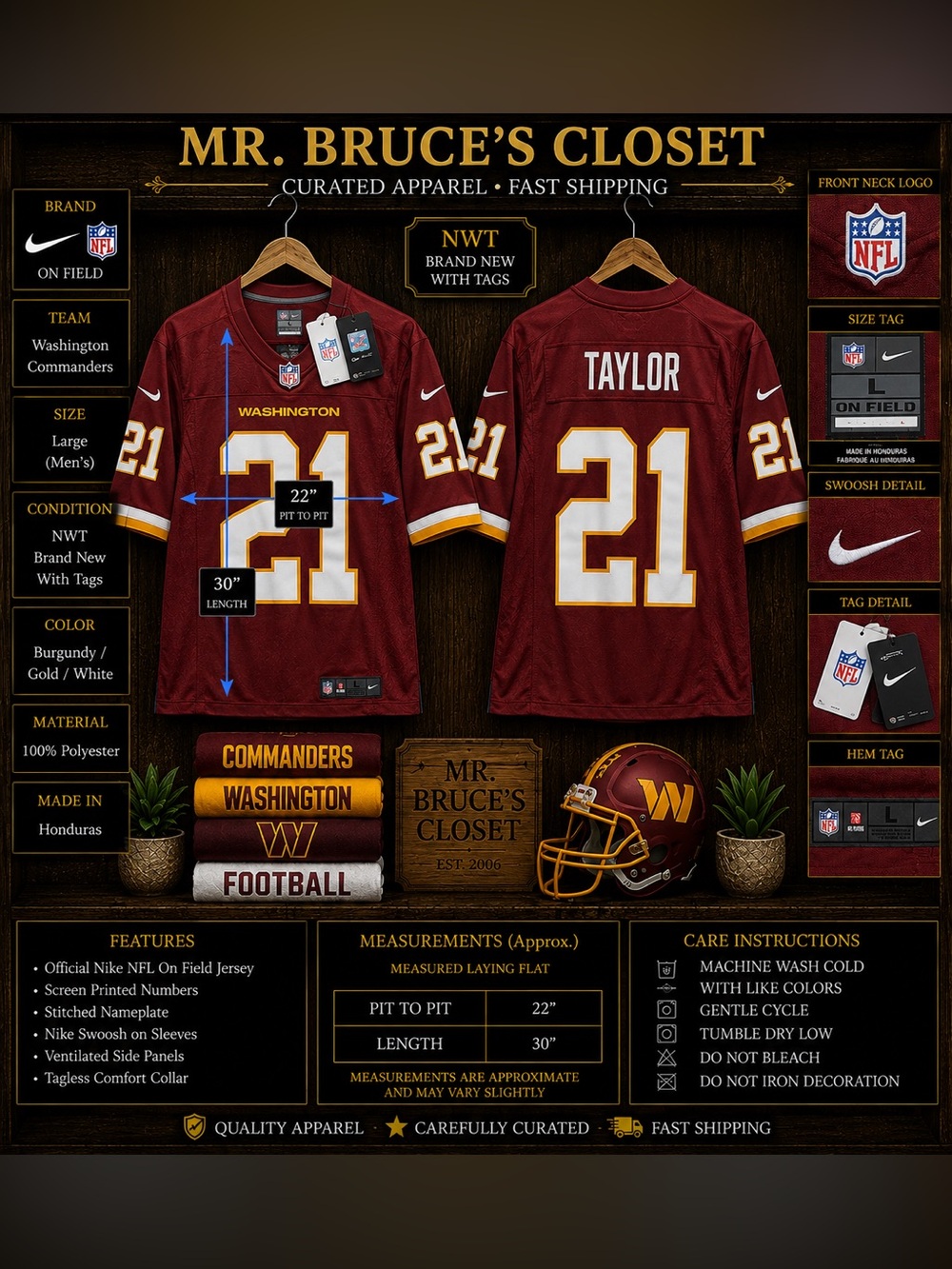 NFL Washington Commanders Burgundy #21 Taylor Game Jersey